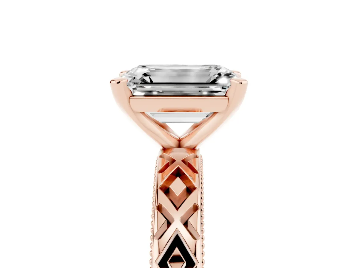 Emerald Cut Solitaire Diamond Ring with Milgrain and Black Enamel X Pattern Band Rose gold