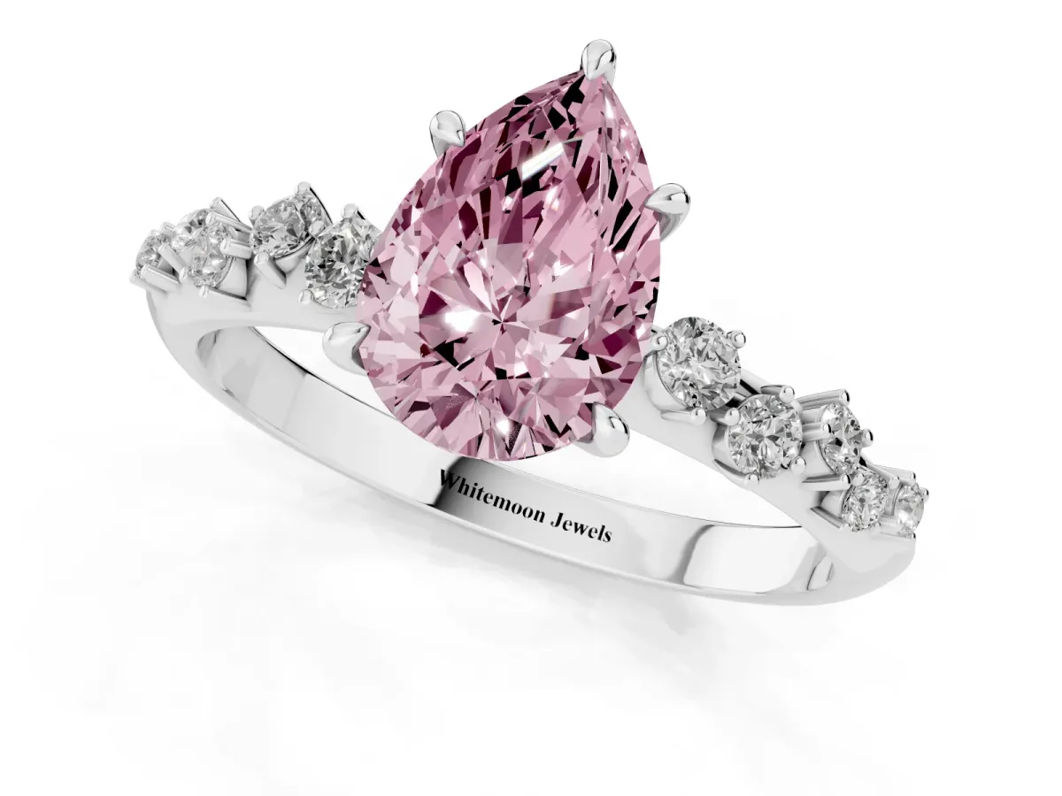 Fancy Pink Pear Cut Diamond Cluster Side Stone Solitaire Ring with Prong Setting Silver