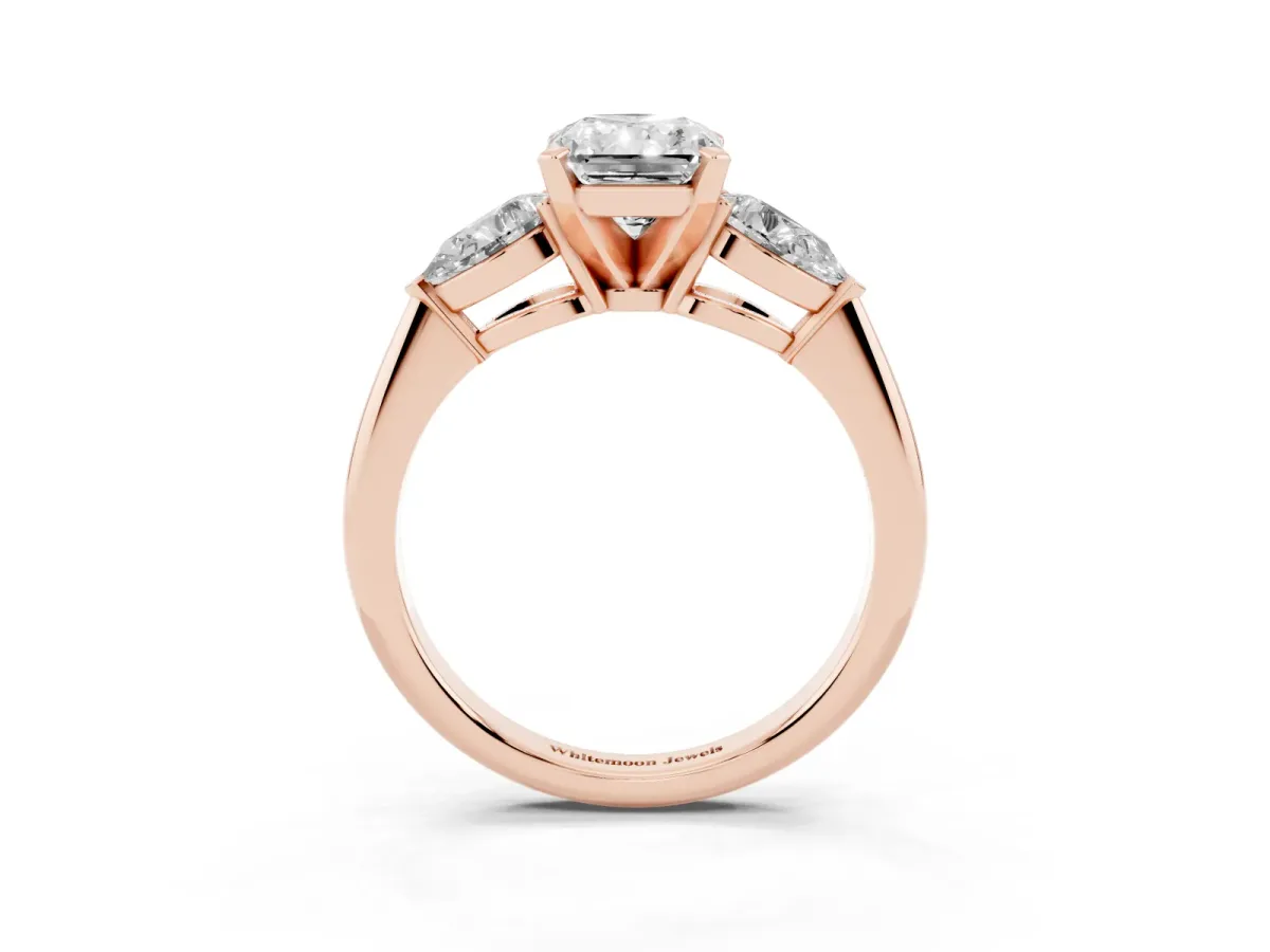 Three-Stone Radiant Cut Diamond Ring with Pear Side Stones and Four-Prong Setting Rose gold