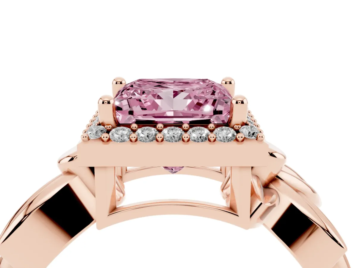 Fancy Pink Princess Cut Halo Diamond Floral Band with Four-Prong Setting Rose gold