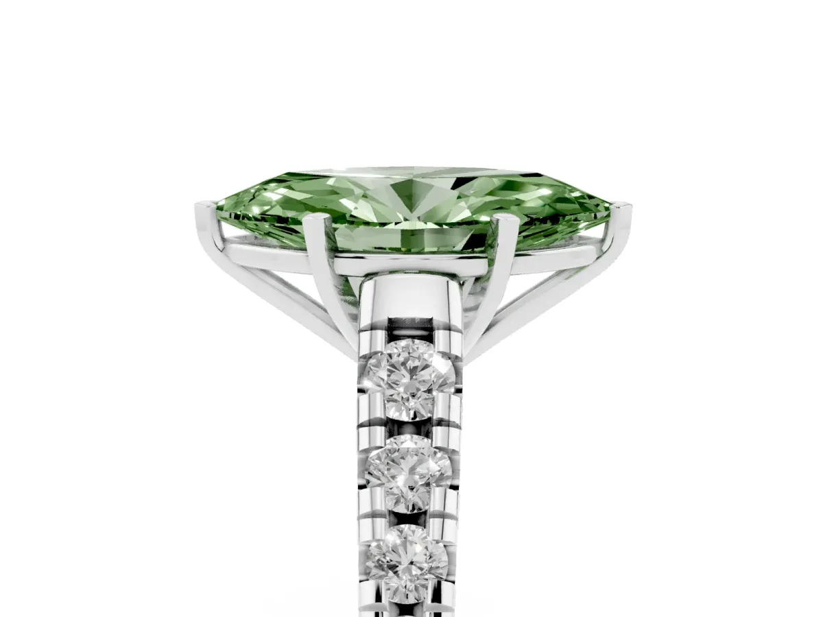Fancy Green Marquise Cut Diamond Cathedral Solitaire Ring with Round Pavé Band Silver