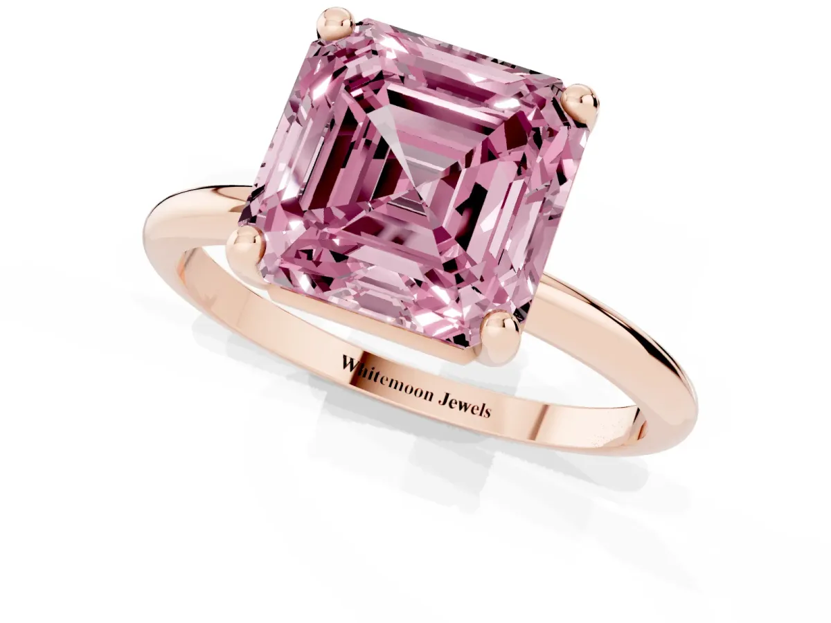 Fancy Pink Asscher Cut Solitaire Diamond Ring with 4-Prong Setting on a Classic Band Rose gold