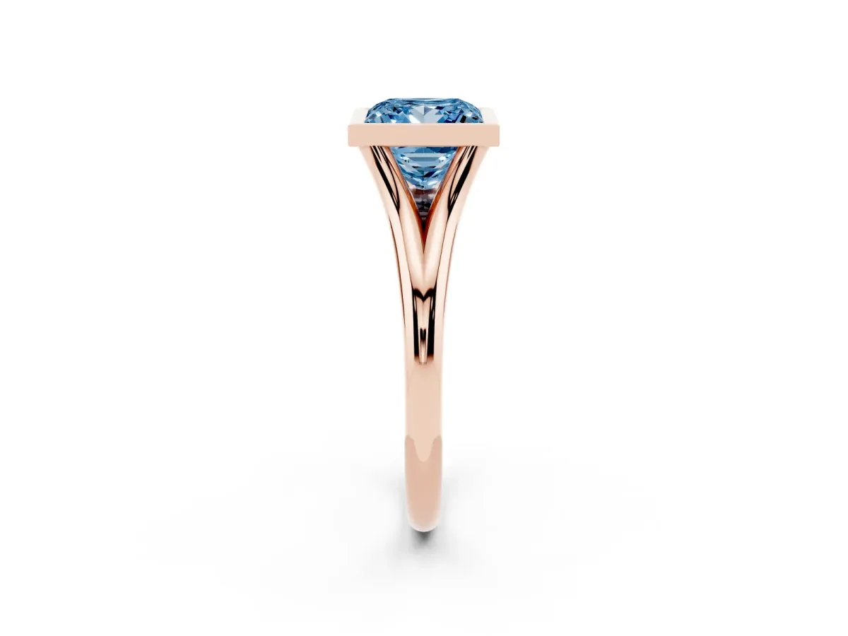 Fancy Blue Bezel Set Princess Cut Cut Solitaire Ring with Tapered Band Rose gold