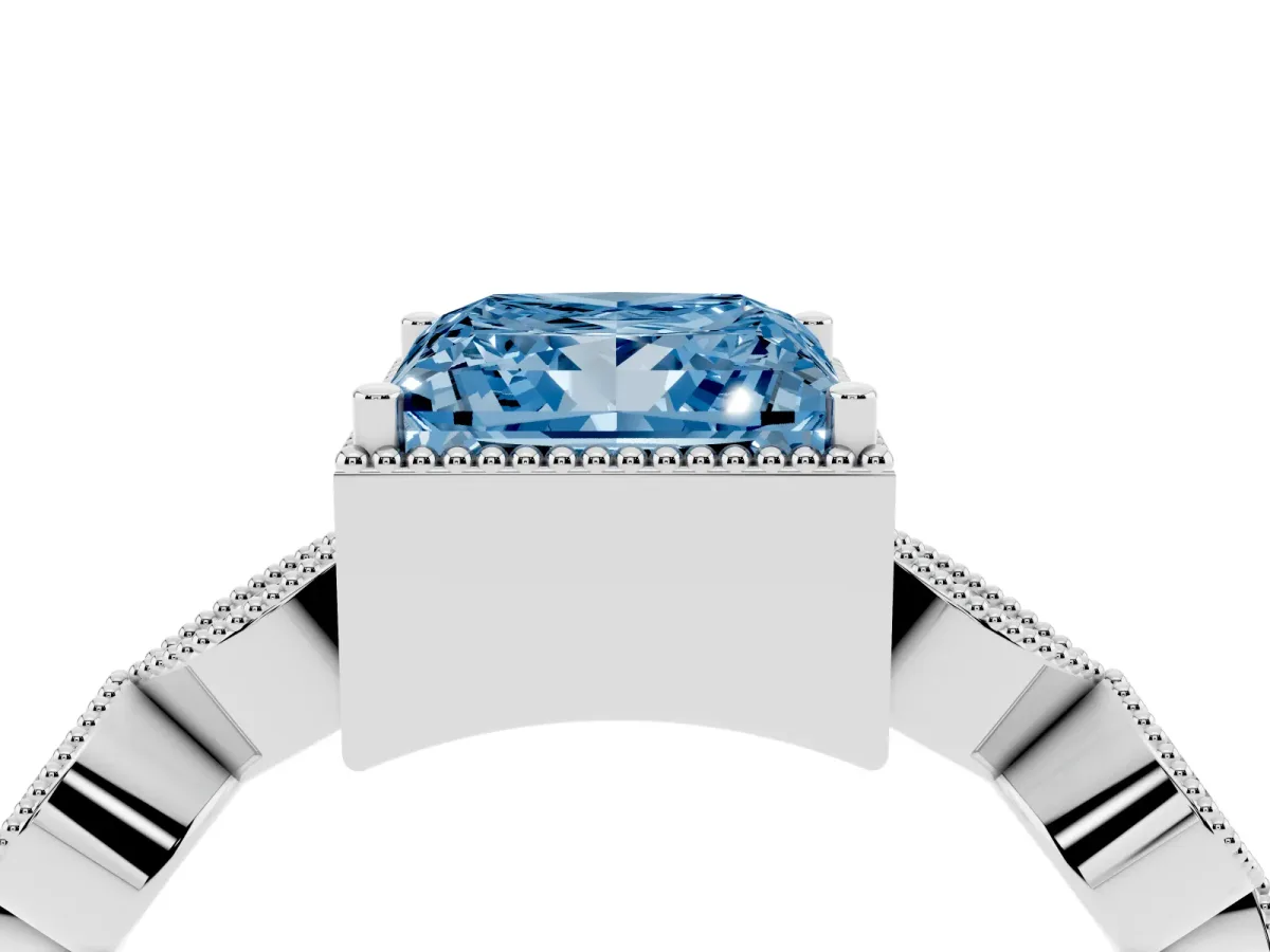 Fancy Blue Princess Cut Diamond Vintage Milgrain Ring with Round Stations Silver