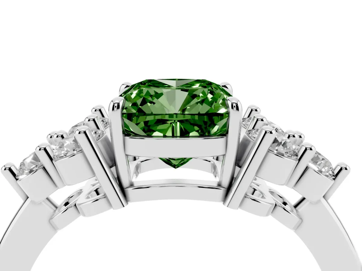 Fancy Green Cushion Cut Brilliant Diamond Cluster Accent Solitaire Ring with Prong Setting Platinum