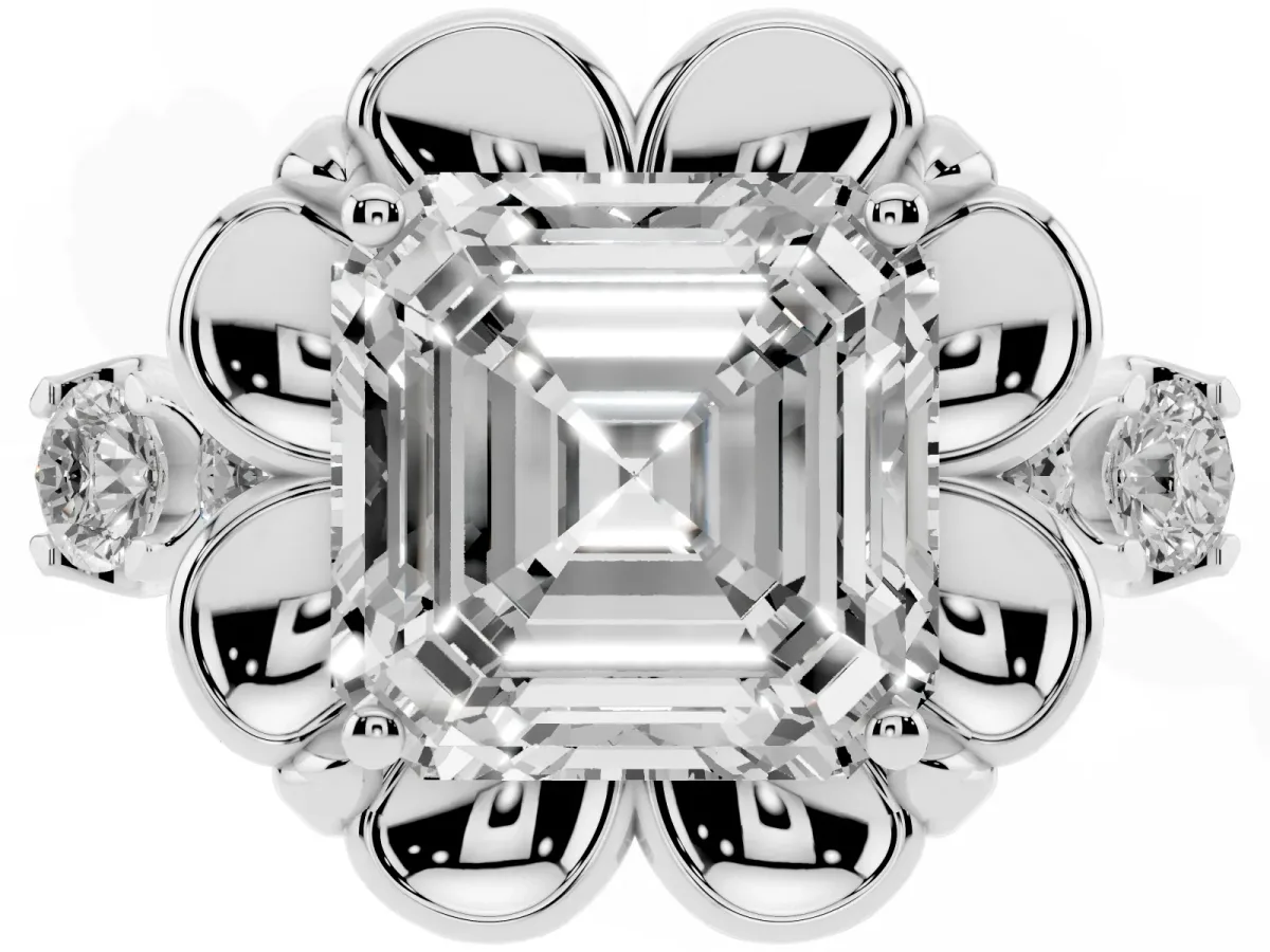 Asscher Cut Cut Diamond Floral Halo Engagement Ring with Shared Prong Setting Silver