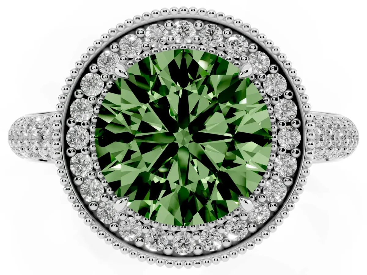 Fancy Green Round Cut Cut Halo Diamond Pave Band with Four-Prong Setting Platinum