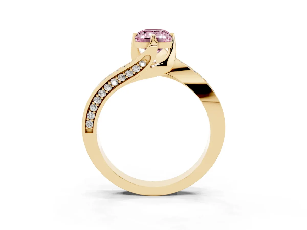 Fancy Pink Emerald Cut Solitaire Diamond Twist Band with Pavé Setting and Four-Prong Setting Yellow gold
