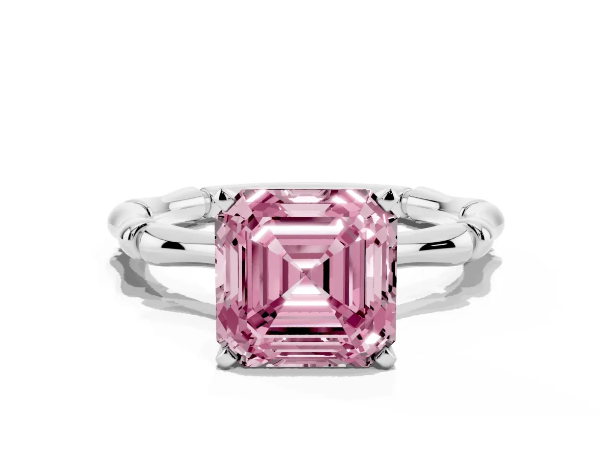 Fancy Pink Asscher Cut Solitaire Diamond Ring with Bamboo Band and Four-Prong Setting Silver