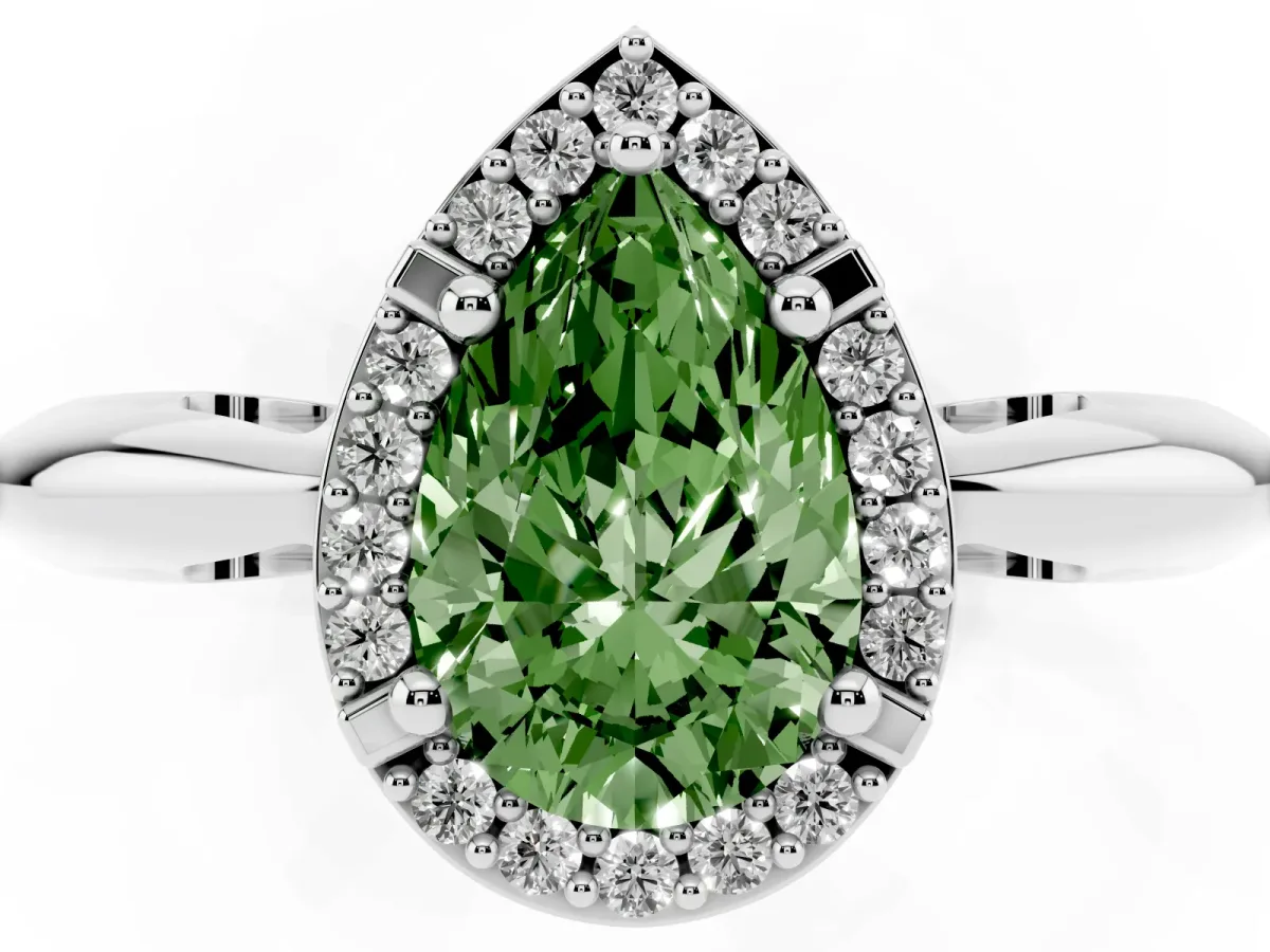 Fancy Green Pear Cut Cut Diamond Halo Engagement Ring with Split Shank and Four-Prong Setting Silver