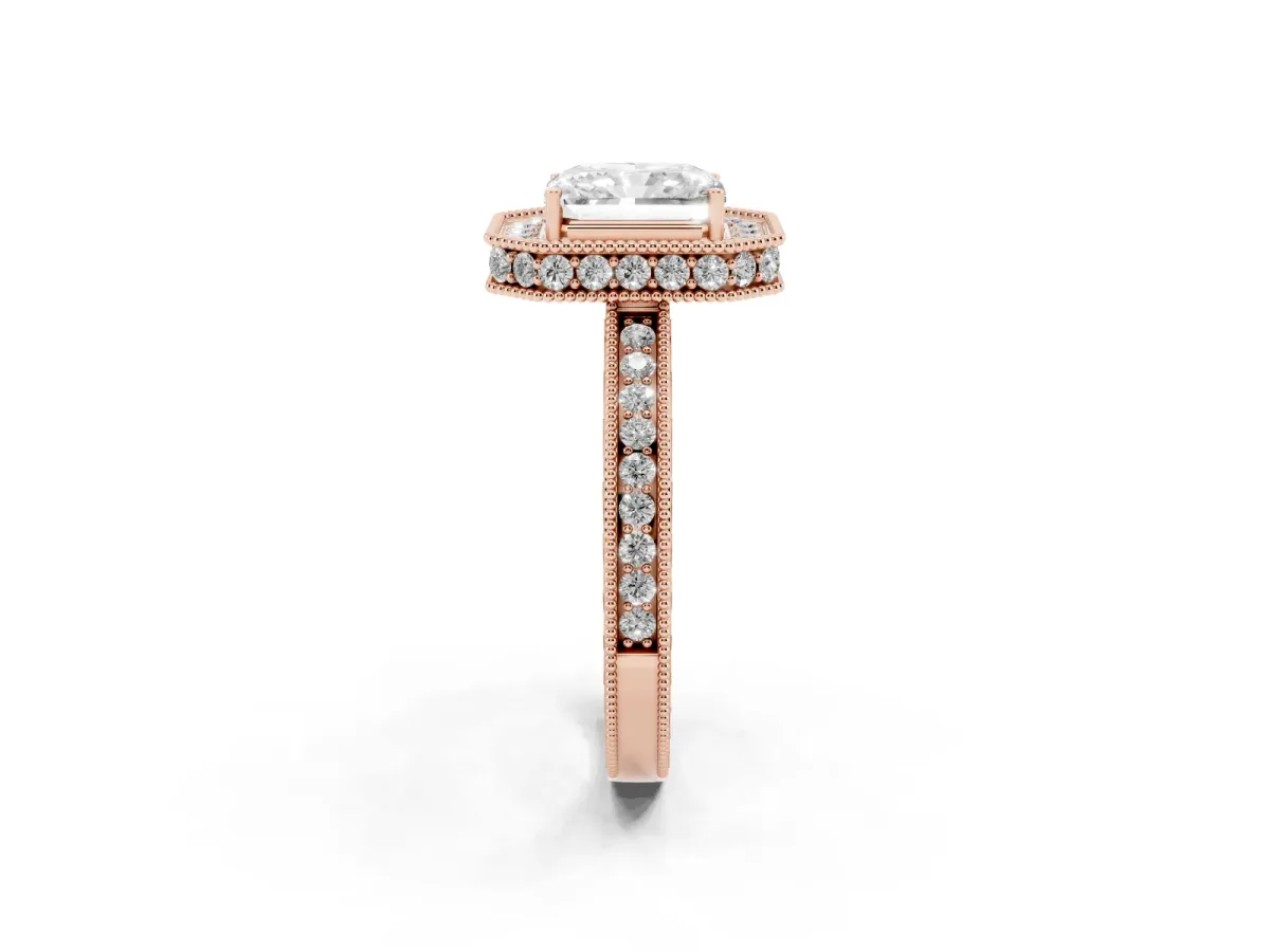 Radiant Cut Diamond Milgrain Halo Engagement Ring with Round Pavé Band and Prong Setting Rose gold