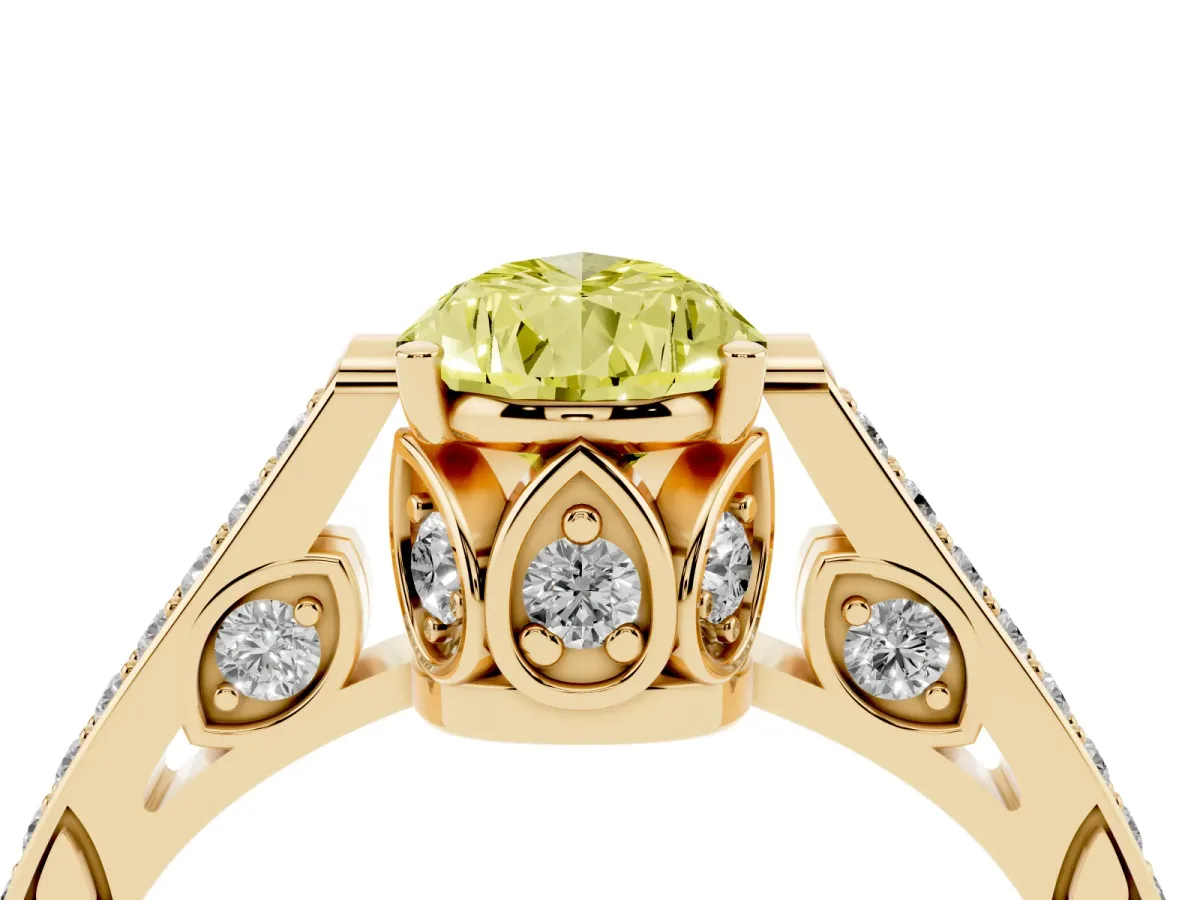 Fancy Yellow Pear Cut Cut Cathedral Pave Diamond Engagement Ring with Six-Prong Setting Yellow gold