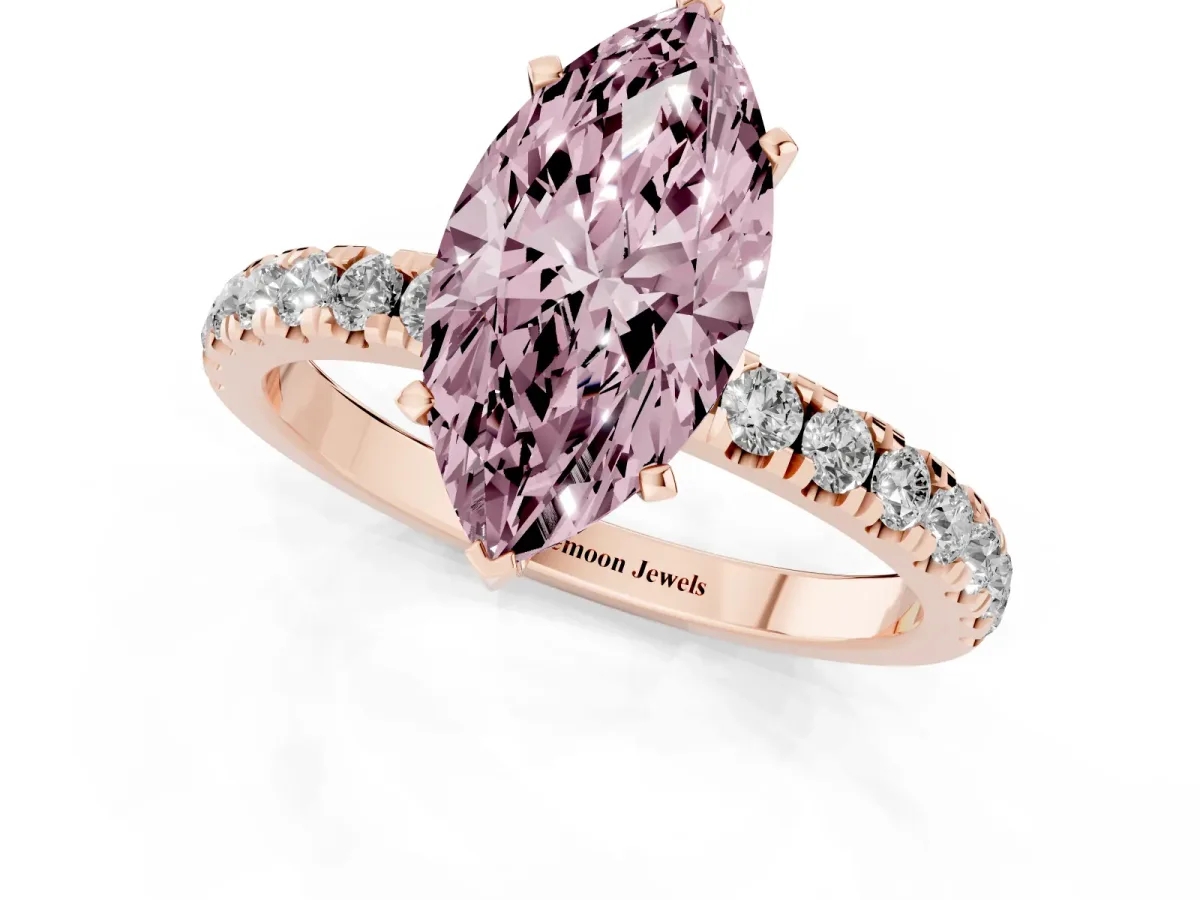 Fancy Pink Marquise Cut Diamond Solitaire Ring with Pavé Accents and Four-Prong Setting Rose gold
