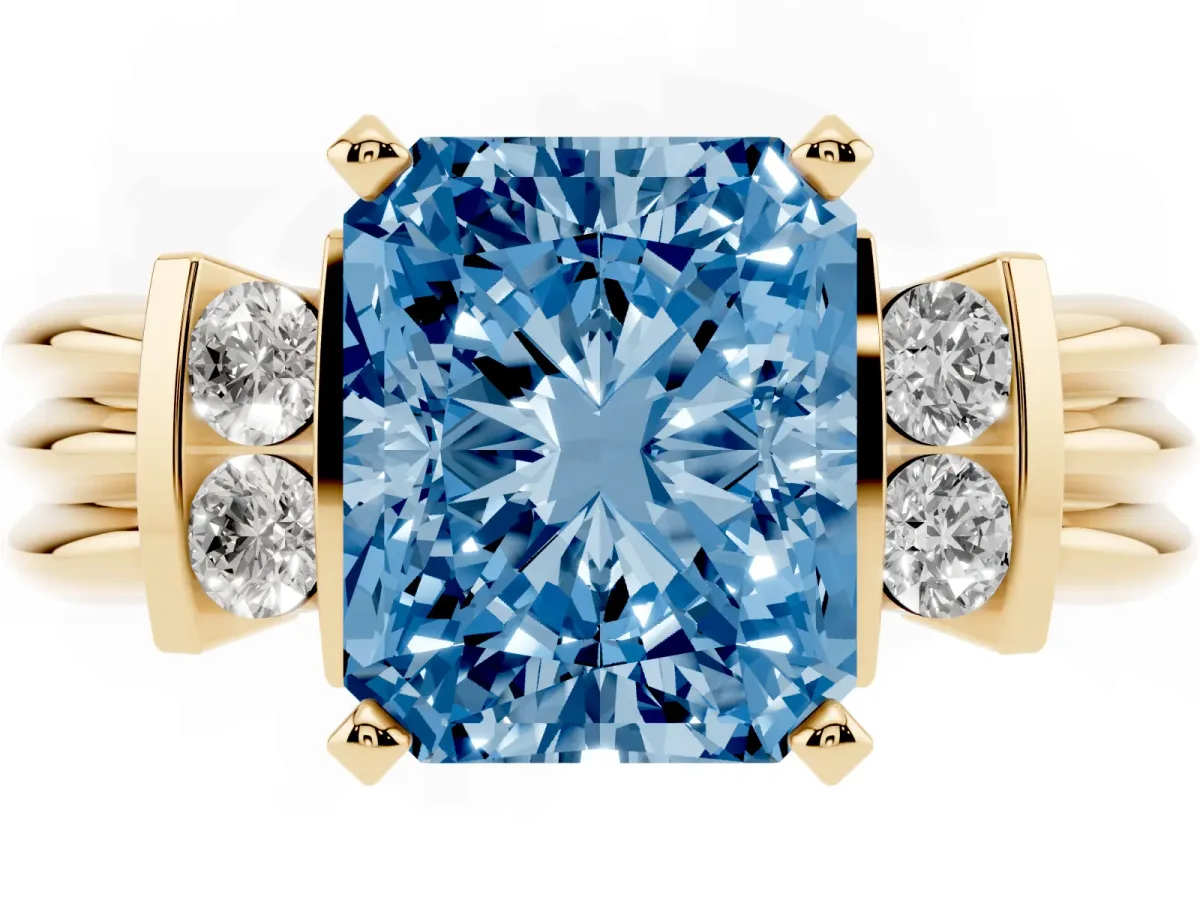 Fancy Blue Radiant Cut Cut Three-Stone Channel Set Ring with Bar Prongs Yellow gold