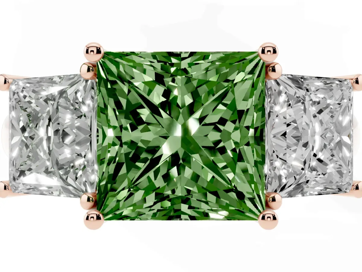 Fancy Green Three-Stone Princess Cut Diamond Engagement Ring with Prong Setting Rose gold