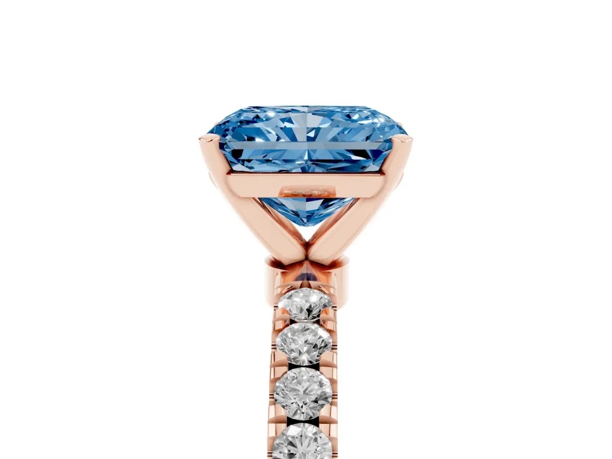 Fancy Blue Radiant Cut Diamond Solitaire Ring with Pavé Accents and Four-Prong Setting Rose gold
