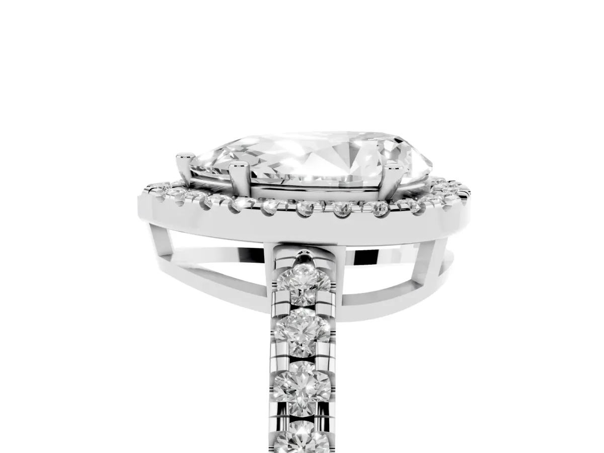 Pear Cut Diamond Halo Ring with Pavé Band and Four-Prong Setting Silver