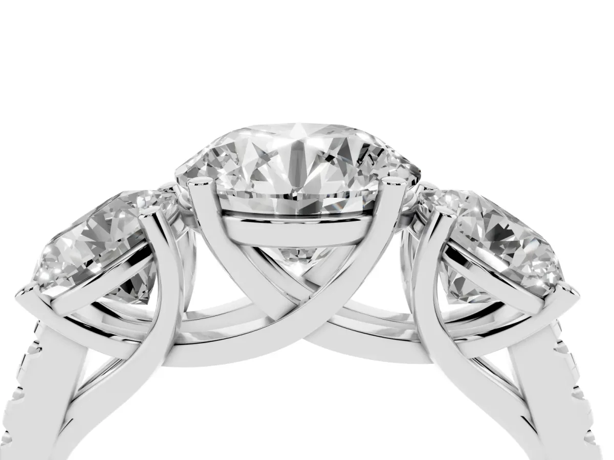 Three-Stone Round Cut Diamond Ring with Round Pavé Band and Prong Setting Silver