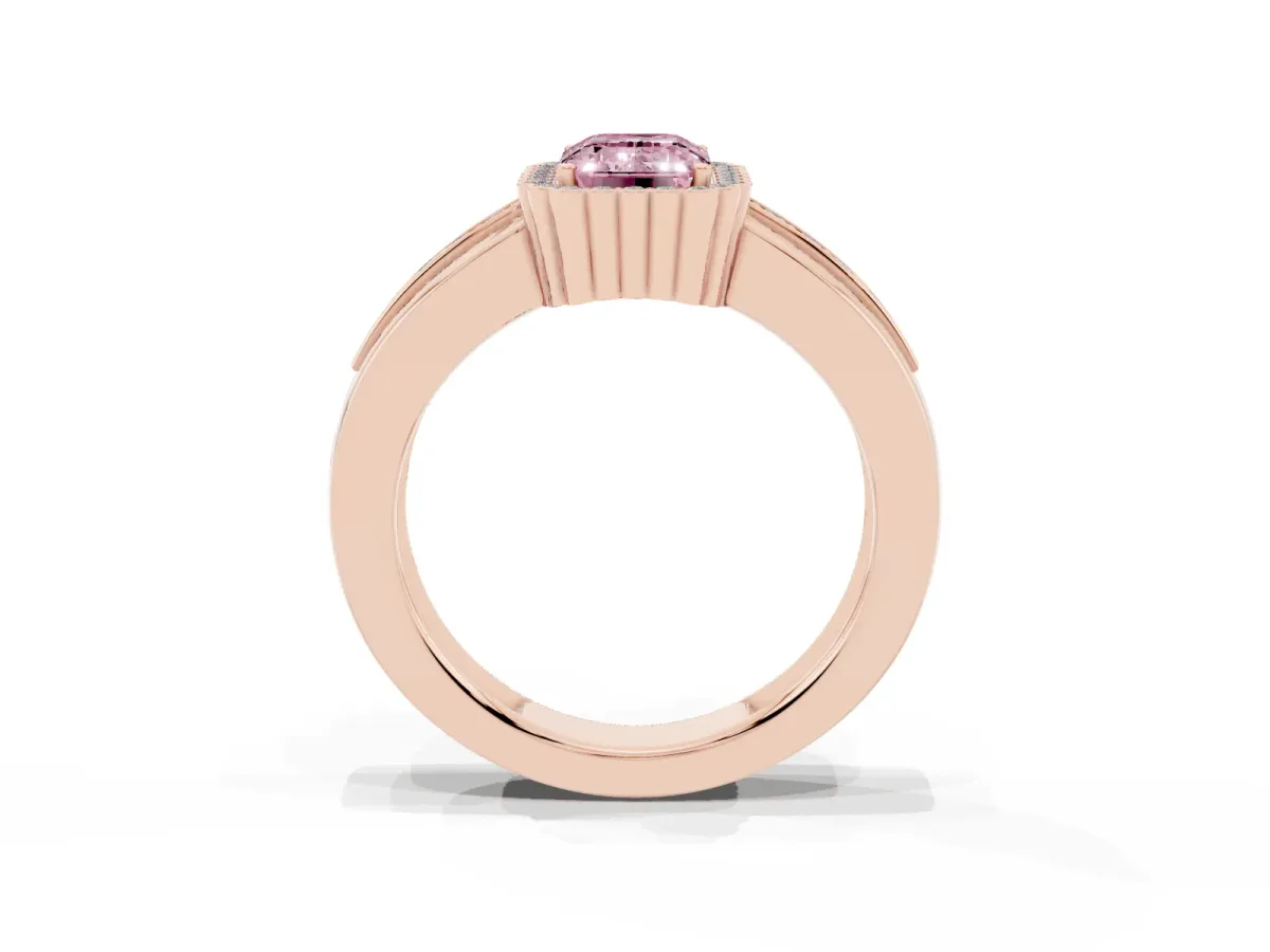 Fancy Pink Emerald Cut Cut Halo Pave Band Four-Prong Ring Rose gold