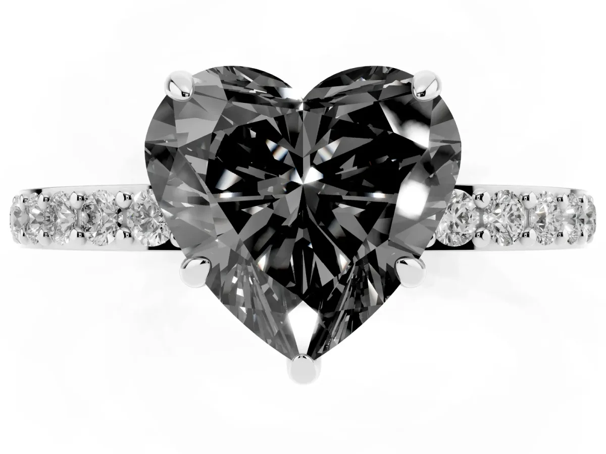 Fancy Black Heart Cut Diamond Pavé Engagement Ring with Round Accents and Prong Setting Platinum