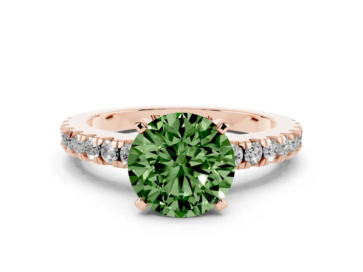 Fancy Green Round Cut Solitaire Diamond with Pavé Band and Four-Prong Setting Rose gold