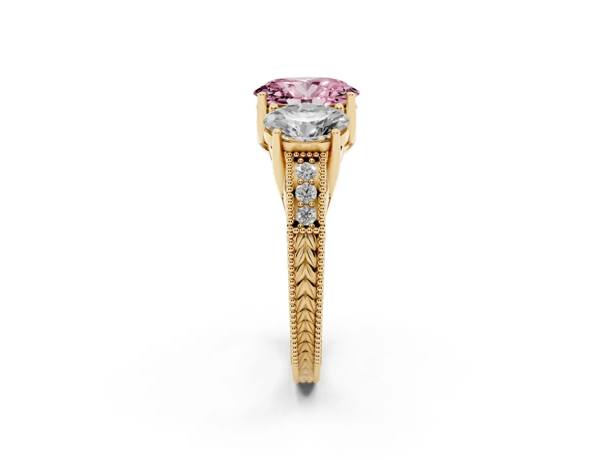 Fancy Pink Three-Stone Oval Cut Cut Milgrain Pavé Engagement Ring Yellow gold