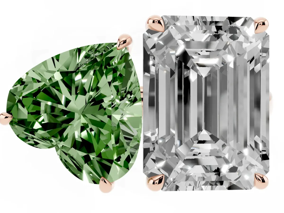 Fancy Green Heart Cut and Emerald Cut Toi Moi Ring with Prong Setting Rose gold