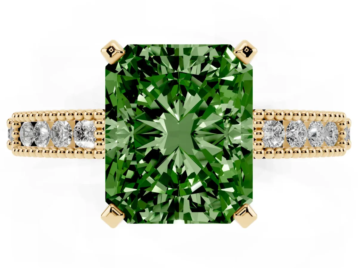 Fancy Green Radiant Cut Solitaire with Pavé Band and Four-Prong Setting Yellow gold