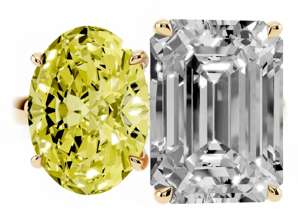 Fancy Yellow Oval Cut and Emerald Cut Toi Moi Ring with Prong Setting Yellow gold