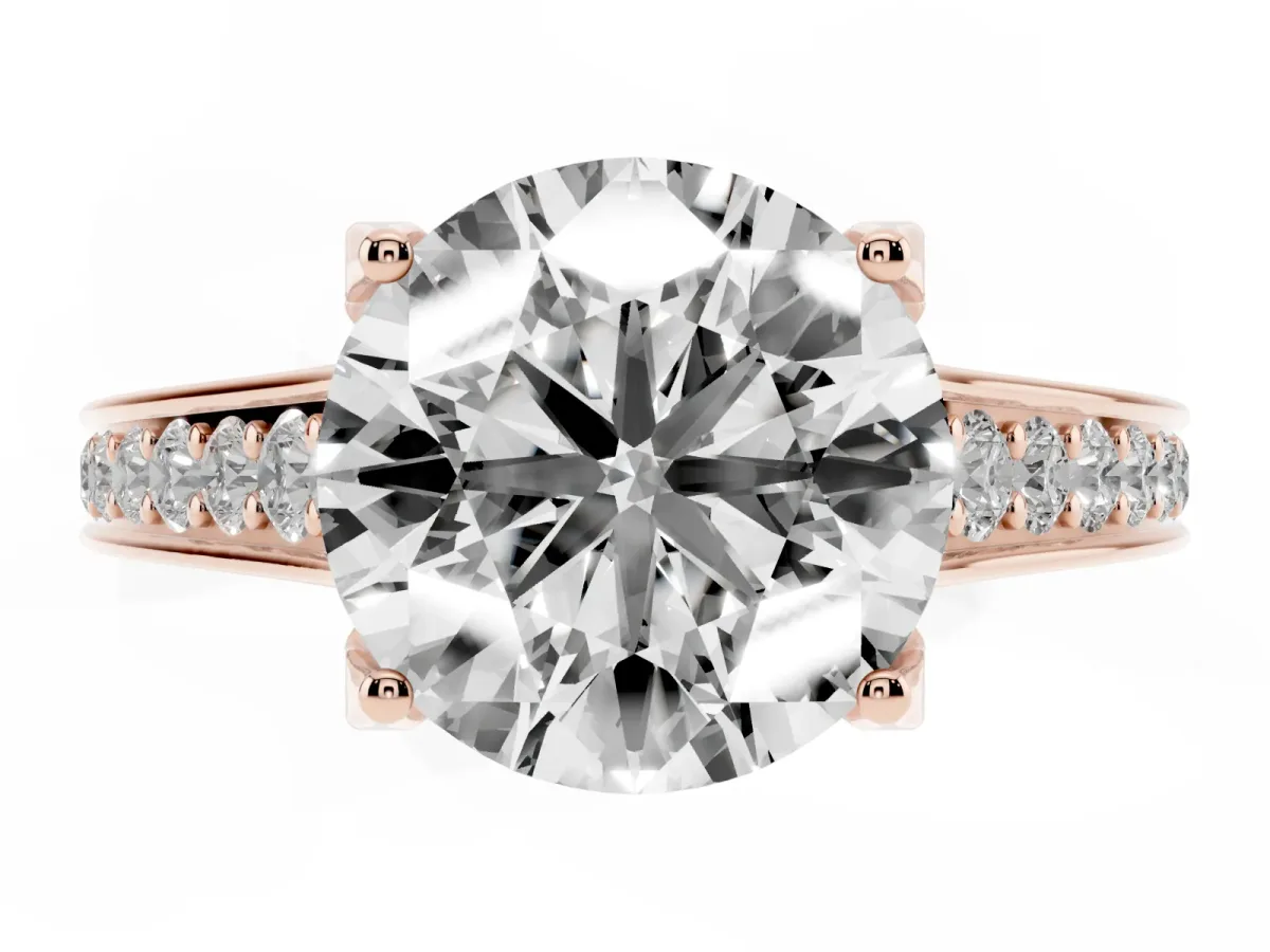 Round Cut Brilliant Cut Diamond Engagement Ring with Pavé Band and Four-Prong Setting Rose gold