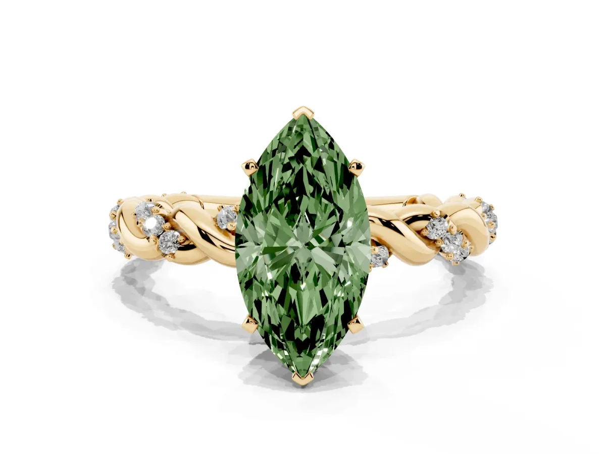 Fancy Green Marquise Cut Diamond Solitaire Ring with Twisted Band and Pavé Accents Yellow gold