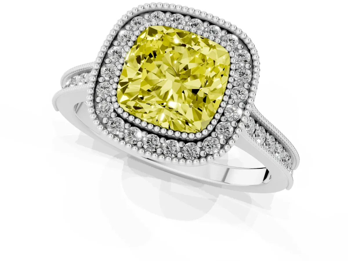 Fancy Yellow Halo Cushion Cut-Cut Diamond Pave Band Milgrain Prong Setting Ring Silver