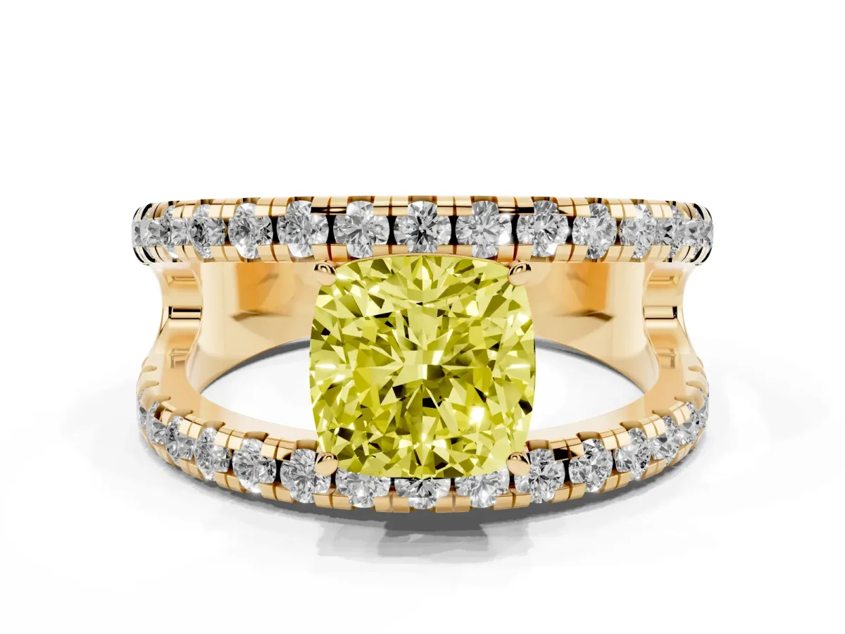 Fancy Yellow Cushion Cut Solitaire Split Shank Pave Diamond Ring Yellow gold