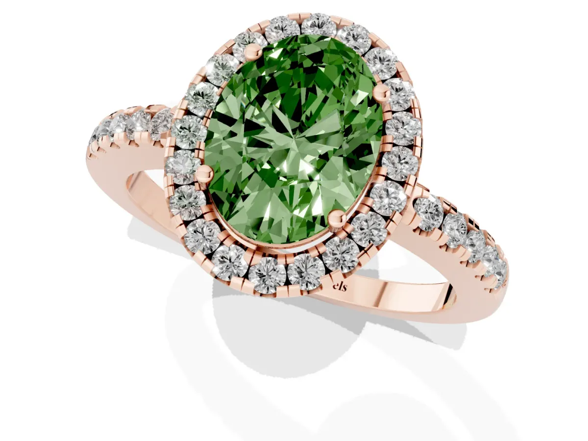 Fancy Green Oval Cut Halo Diamond Engagement Ring with Pavé Band and Four-Prong Setting Rose gold