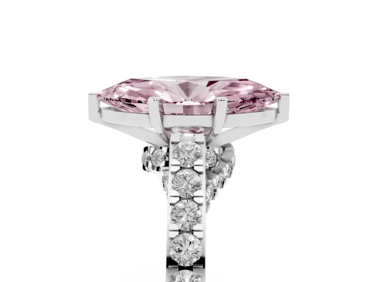 Fancy Pink Marquise Cut Diamond Solitaire Ring with Crossover Gallery and Round Pavé Band Platinum