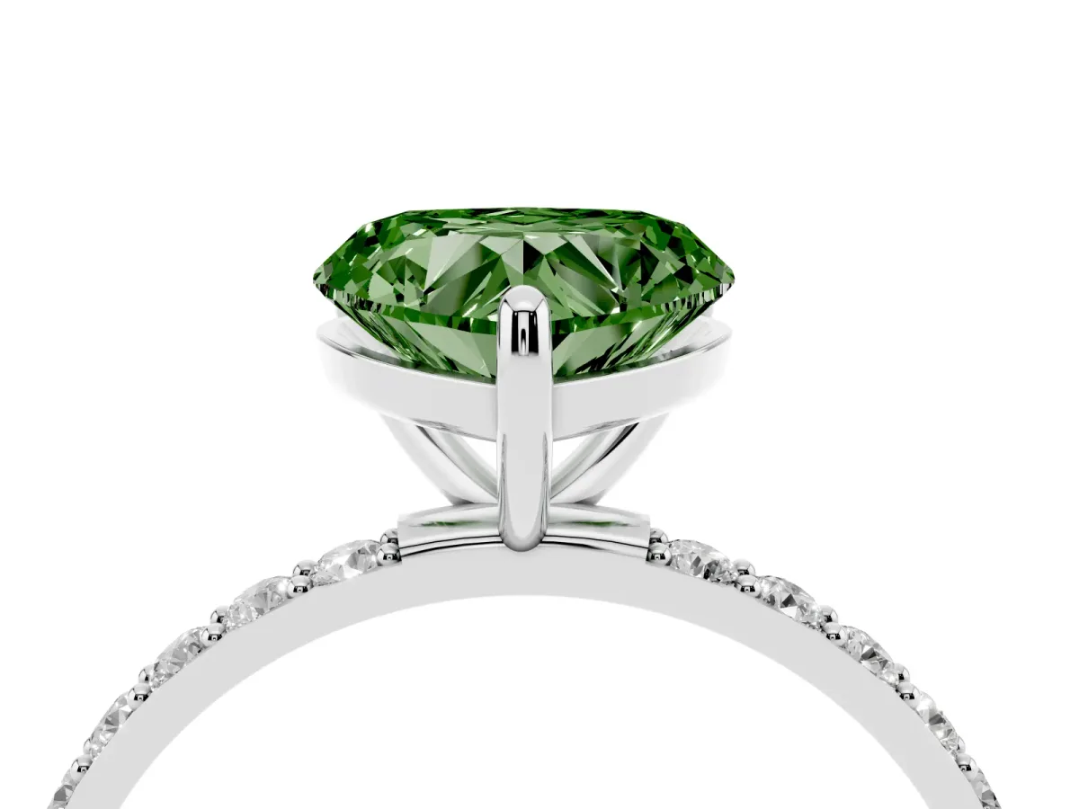 Fancy Green Heart Cut Diamond Solitaire Ring with Round Pavé Band and Prong Setting Silver