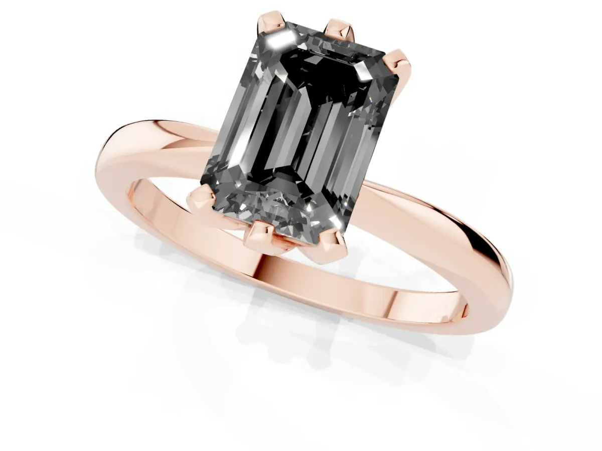 Fancy Black Emerald Cut Solitaire Engagement Ring with Six-Prong Setting and Tapered Band Rose gold