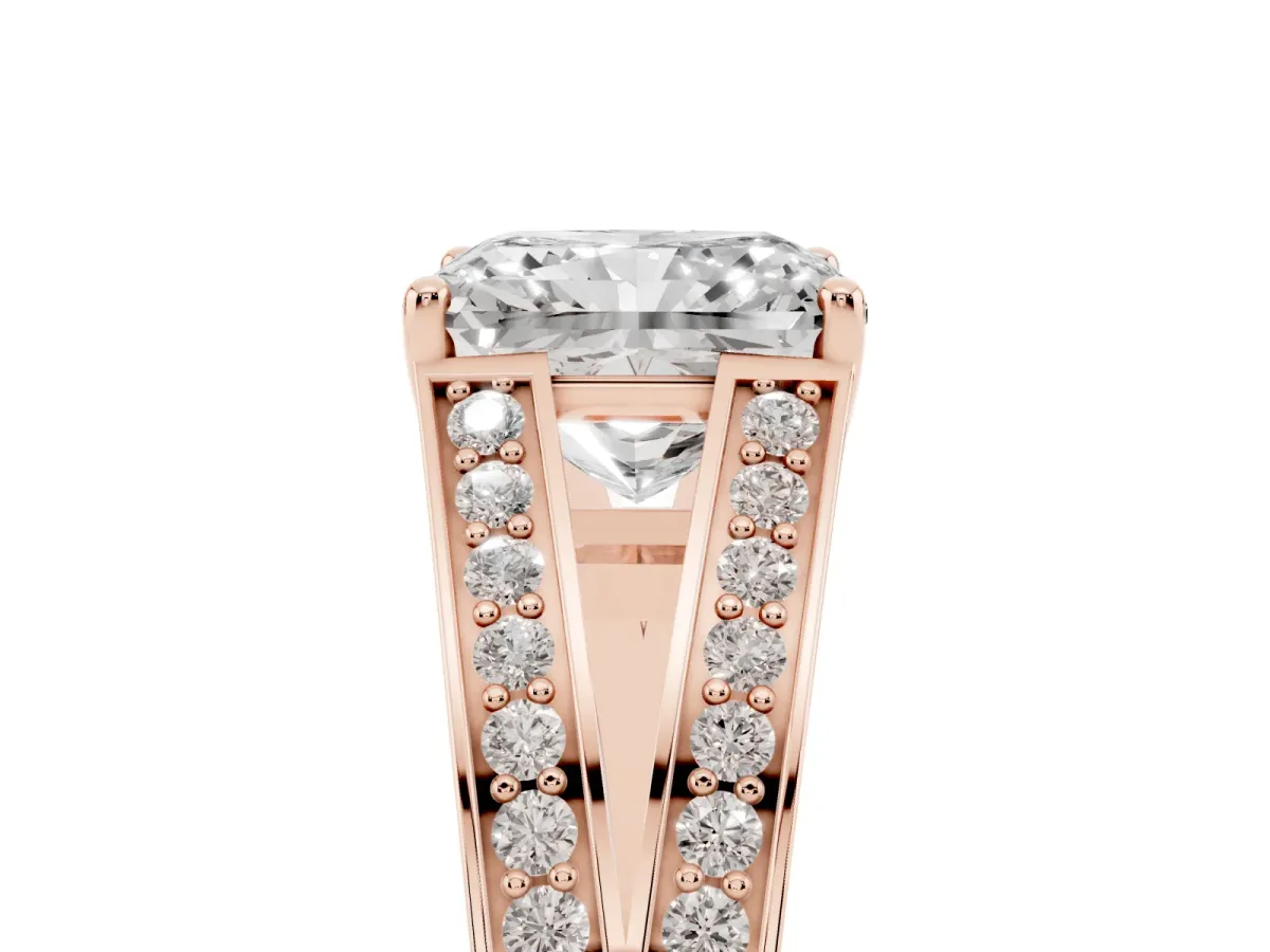Radiant Cut Diamond Split Shank Ring with Pavé Band and Four-Prong Setting Rose gold
