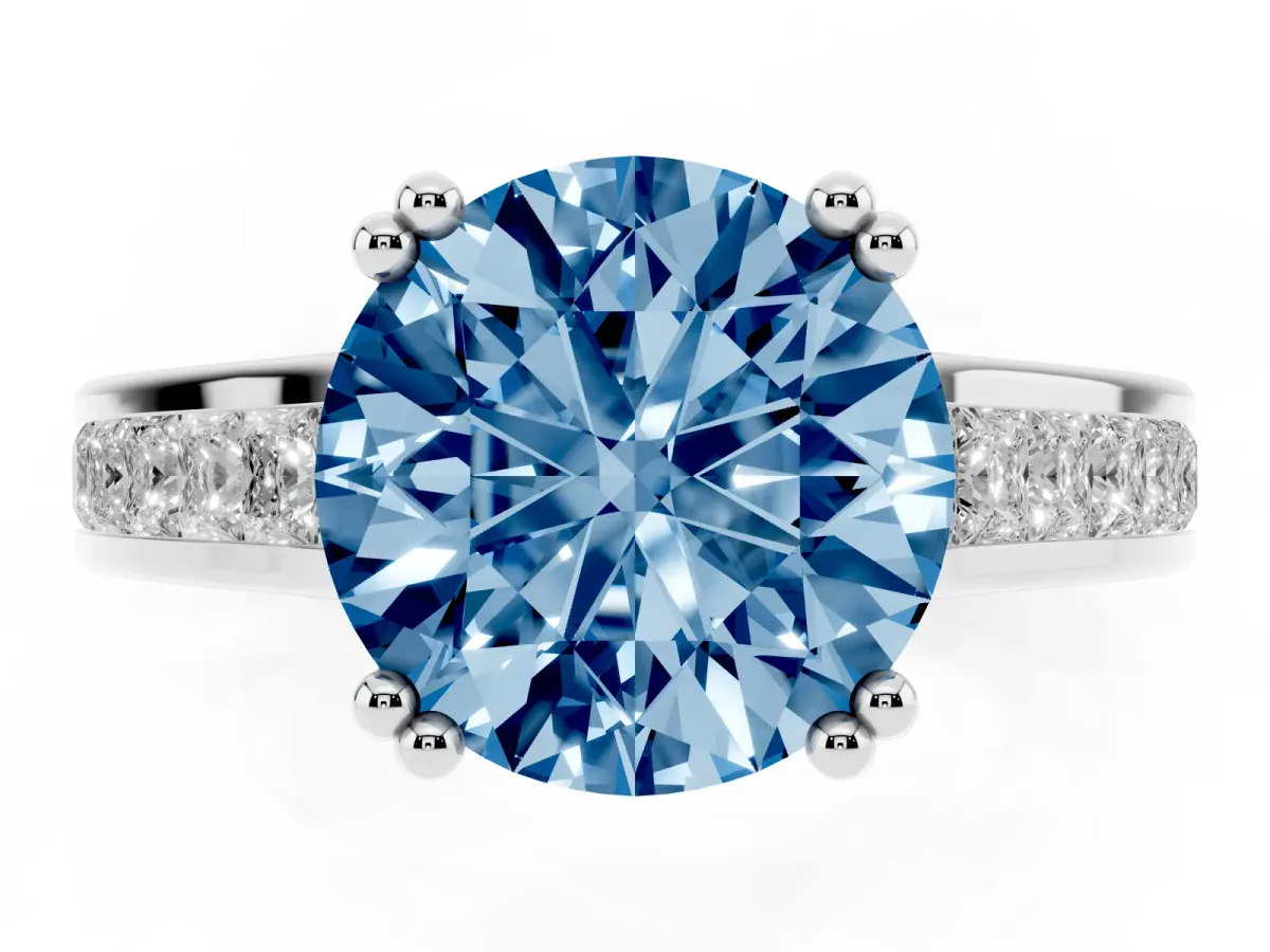 Fancy Blue Round Cut Cut Channel Set Solitaire Engagement Ring with Prong Setting Platinum