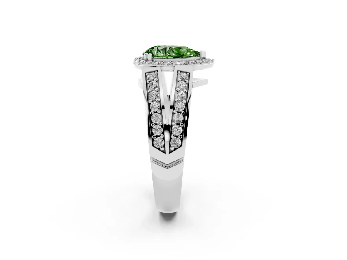 Fancy Green Pear Cut Diamond Halo Ring with Split Shank Pavé Band and Four-Prong Setting Platinum