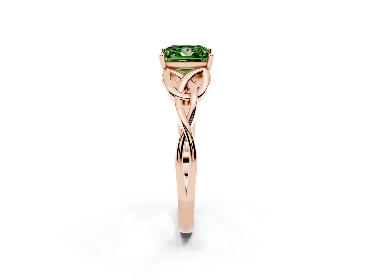 Fancy Green Princess Cut Diamond Solitaire Engagement Ring with Celtic Knot Band and Four-Prong Setting Rose gold