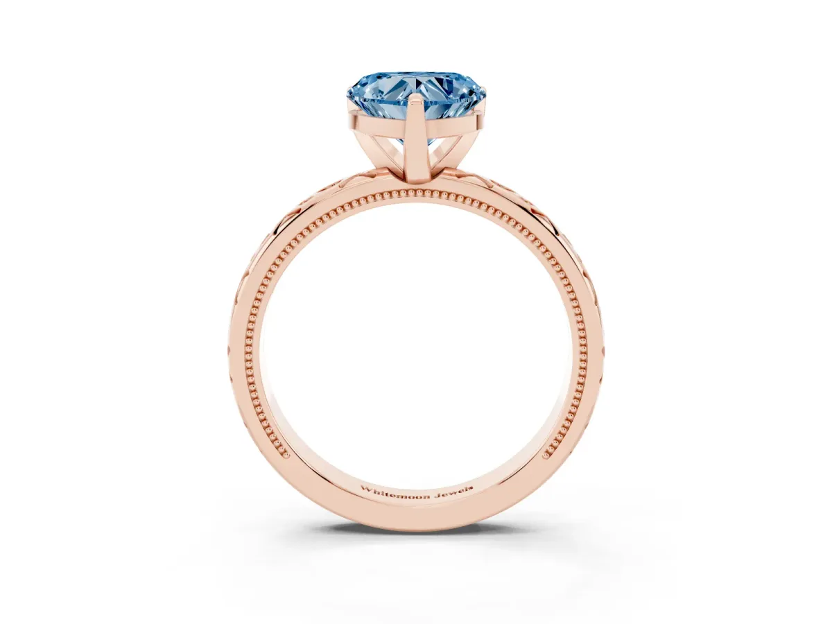 Fancy Blue Heart Cut Solitaire Engagement Ring with Scrollwork Band and Four-Prong Setting Rose gold
