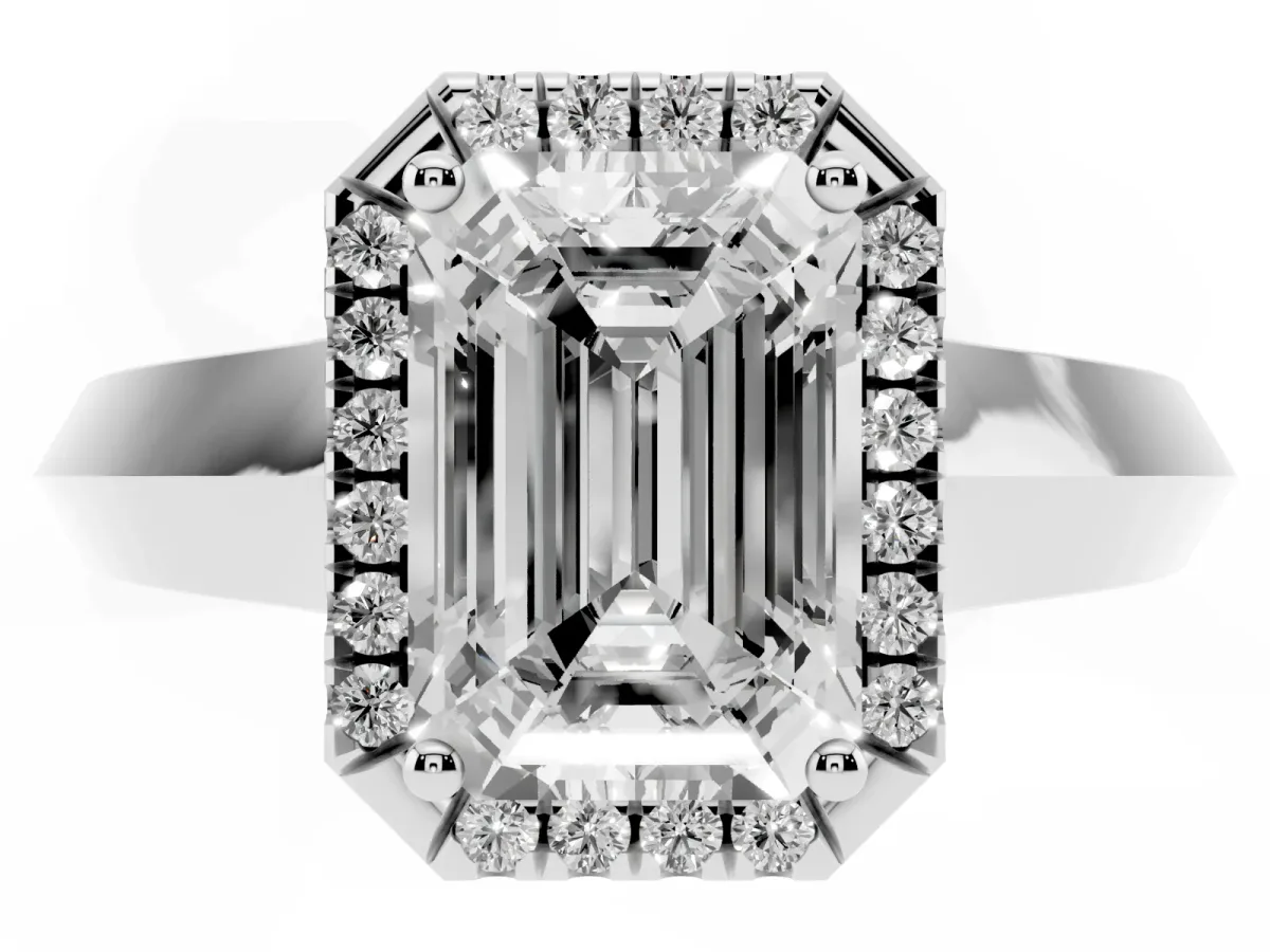 Emerald Cut Halo Diamond Ring with Cathedral Band and Four-Prong Setting White gold