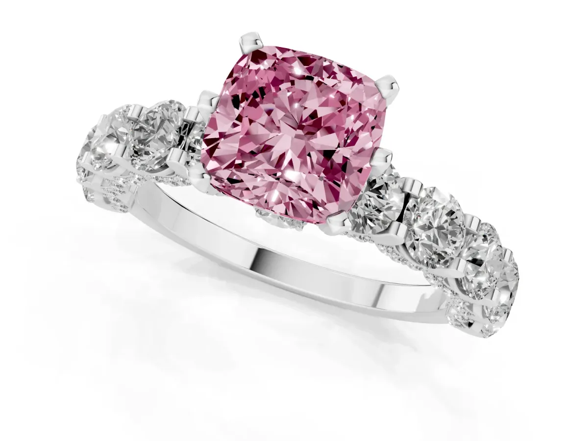 Fancy Pink Cushion Cut Diamond Side Stone Engagement Ring with Four-Prong Setting Platinum