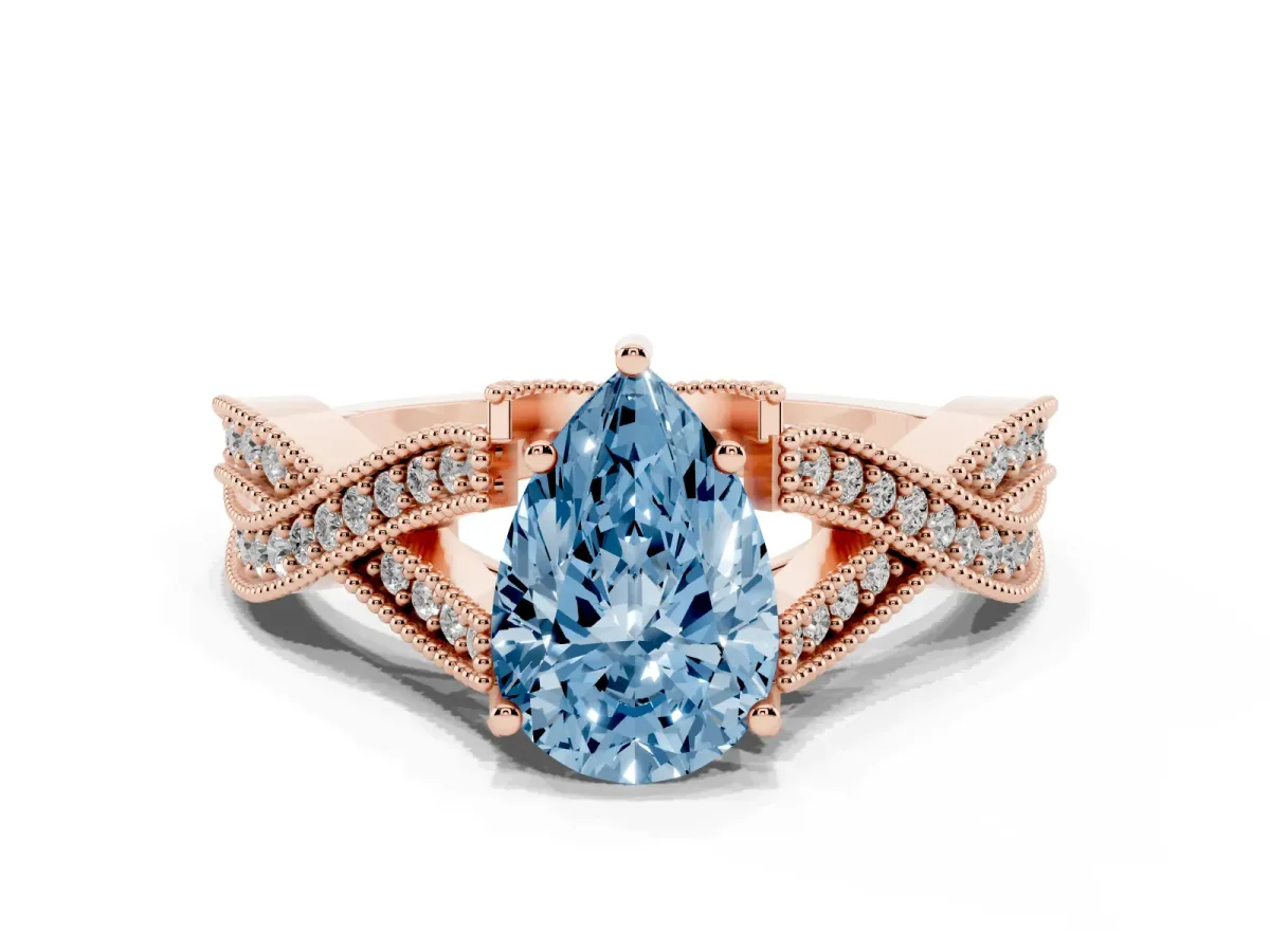 Fancy Blue Pear Cut Cut Diamond Twisted Band with Milgrain Pave Setting and Four-Prong Setting Rose gold