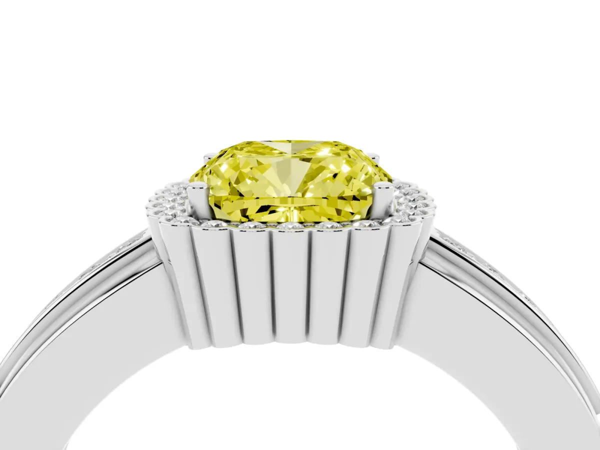 Fancy Yellow Cushion Cut Cut Halo Pave Band Four-Prong Ring White gold