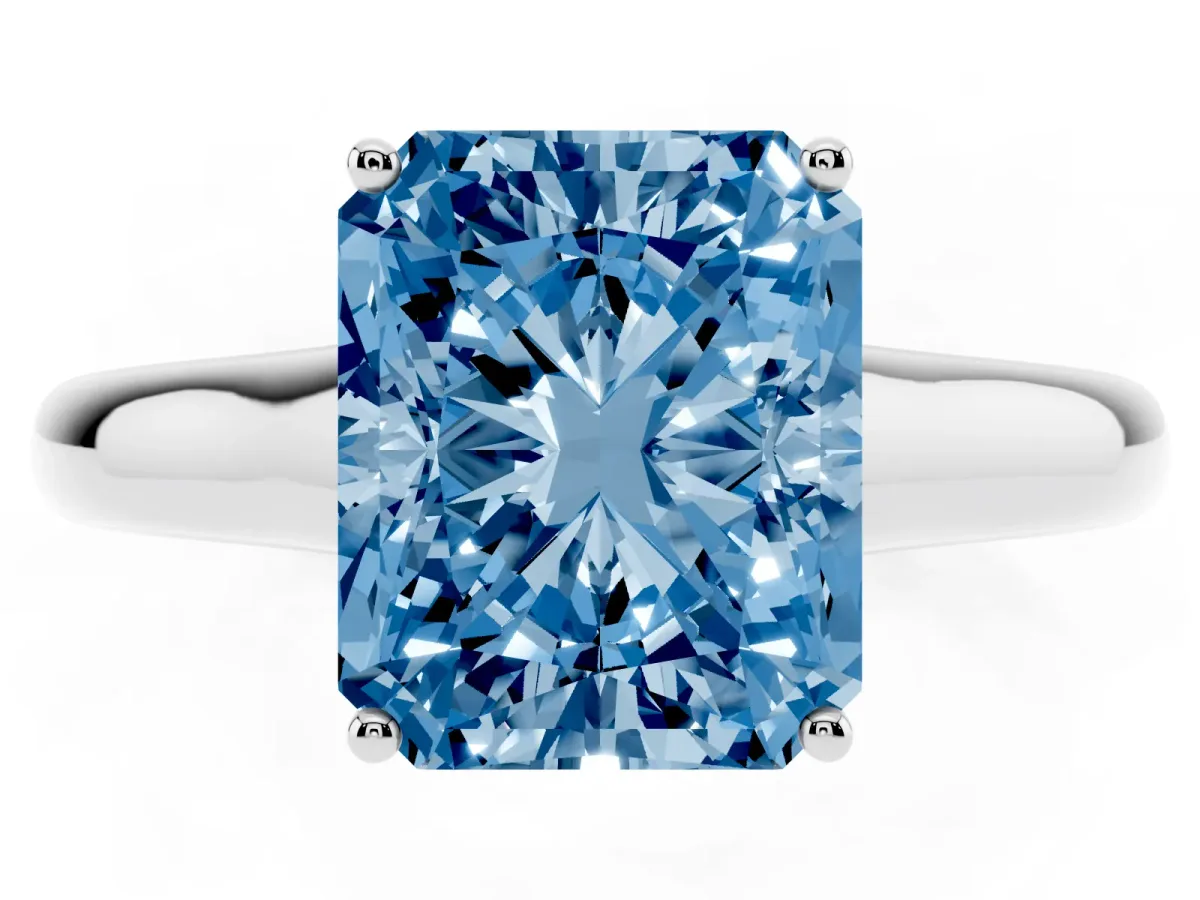 Fancy Blue Radiant Cut Solitaire Engagement Ring with Tapered Band and Four-Prong Setting Platinum