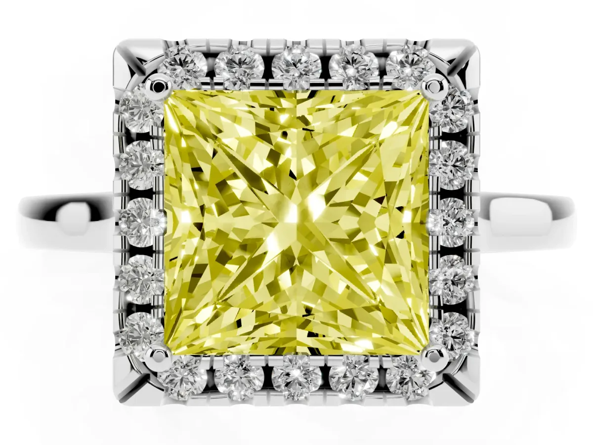 Fancy Yellow Princess Cut Halo Round Diamond Solitaire Ring with Pavé Band and Four-Prong Setting White gold
