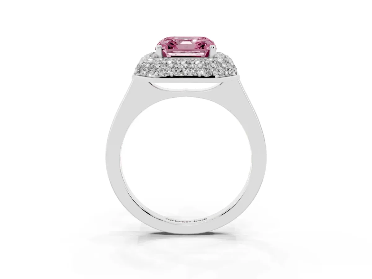 Fancy Pink Asscher Cut Halo Diamond Engagement Ring with Solitaire Band and Four-Prong Setting Silver