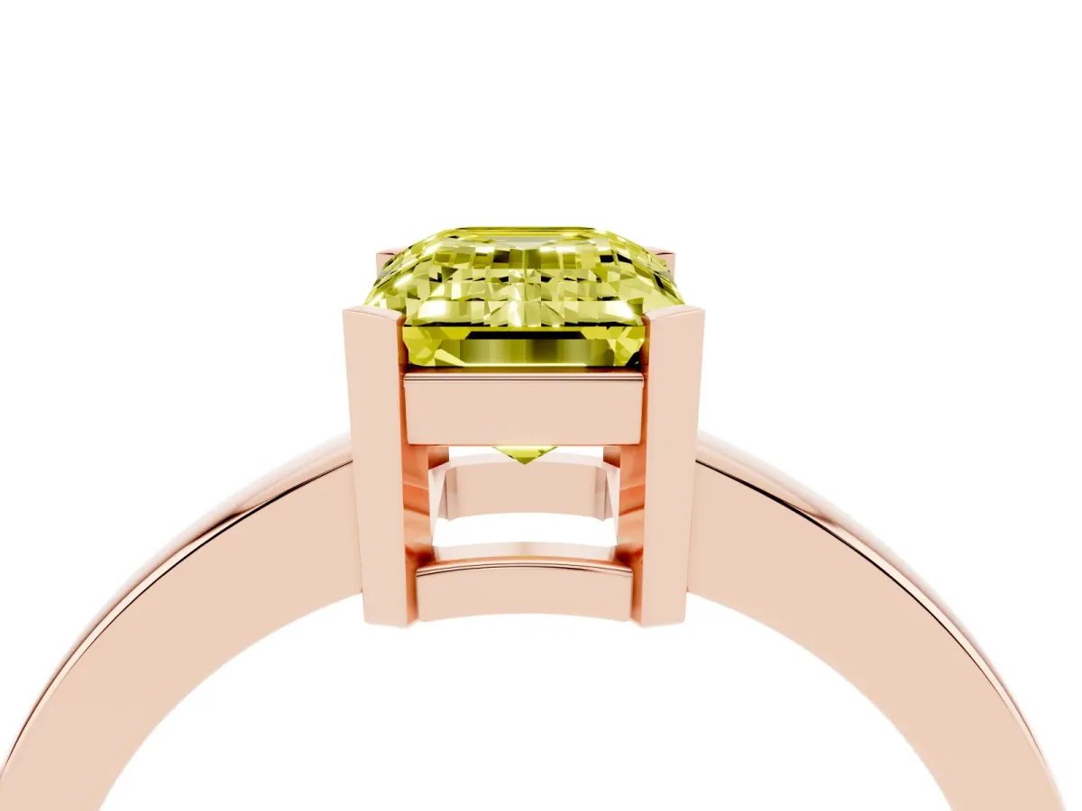Fancy Yellow Emerald Cut Cut Solitaire Ring with Four-Prong Setting and Classic Band Rose gold